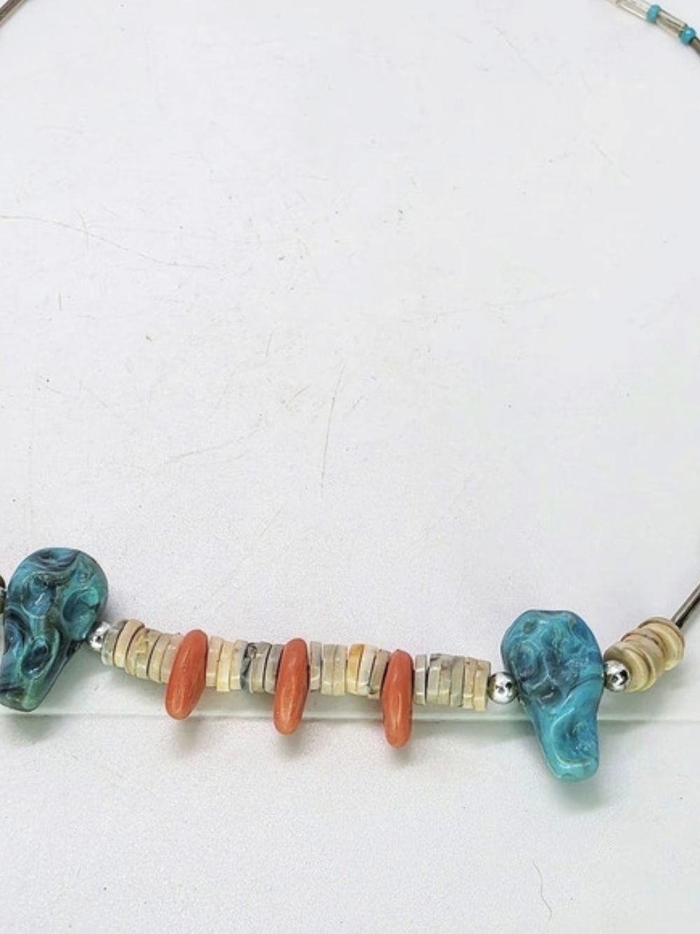 Vtg Southwest Fetish Skull Heishei Shell Faux Coral Turquoise Necklace Dainty